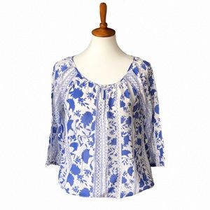 Gap Blue & White Floral 3/4 Sleeve Blouse Small